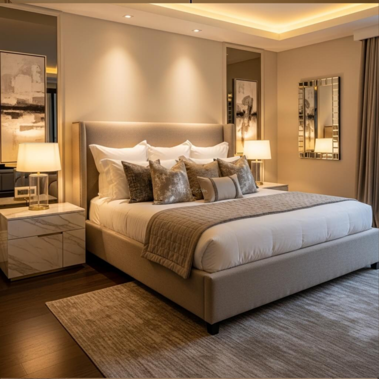 Hotel-Inspired Beige Bedroom with Plush Upholstery