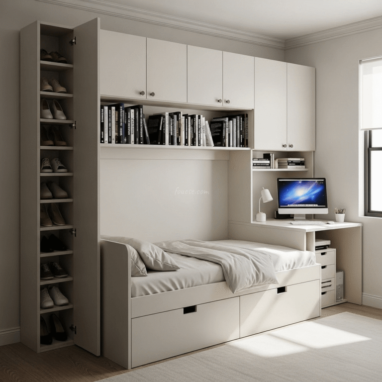 Small Bedroom with Built-In Storage Bed, Desk, and Shoe Cabinet