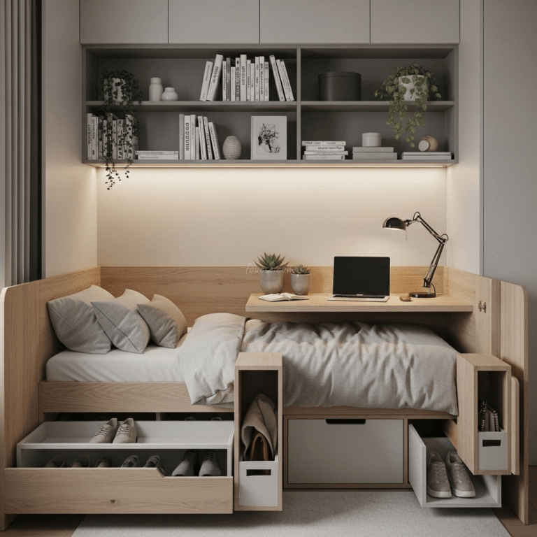 Small Space Bedroom Design with Built-In Bed, Desk, Bookshelves, and Shoe Storage