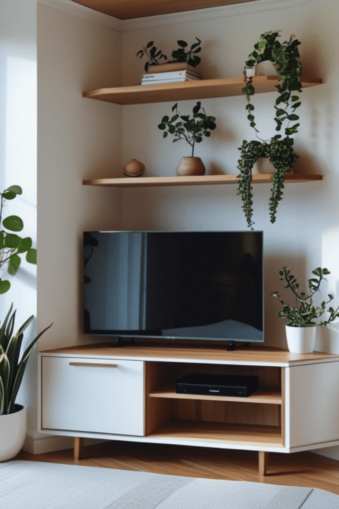 1. Idea Corner TV Unit with Floating Shelves for Small Living Rooms