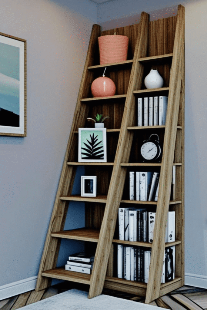 1. Idea Ladder Style Wooden Bookshelf for Small Spaces