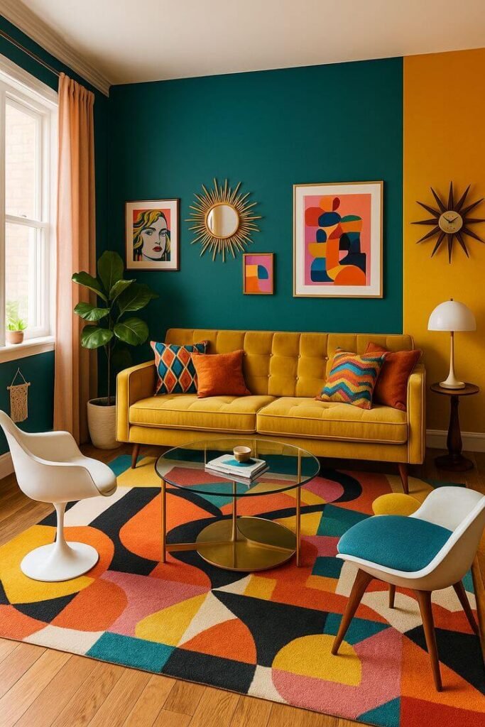1. Mid Century Modern Living Room Ideas with Bold Colors