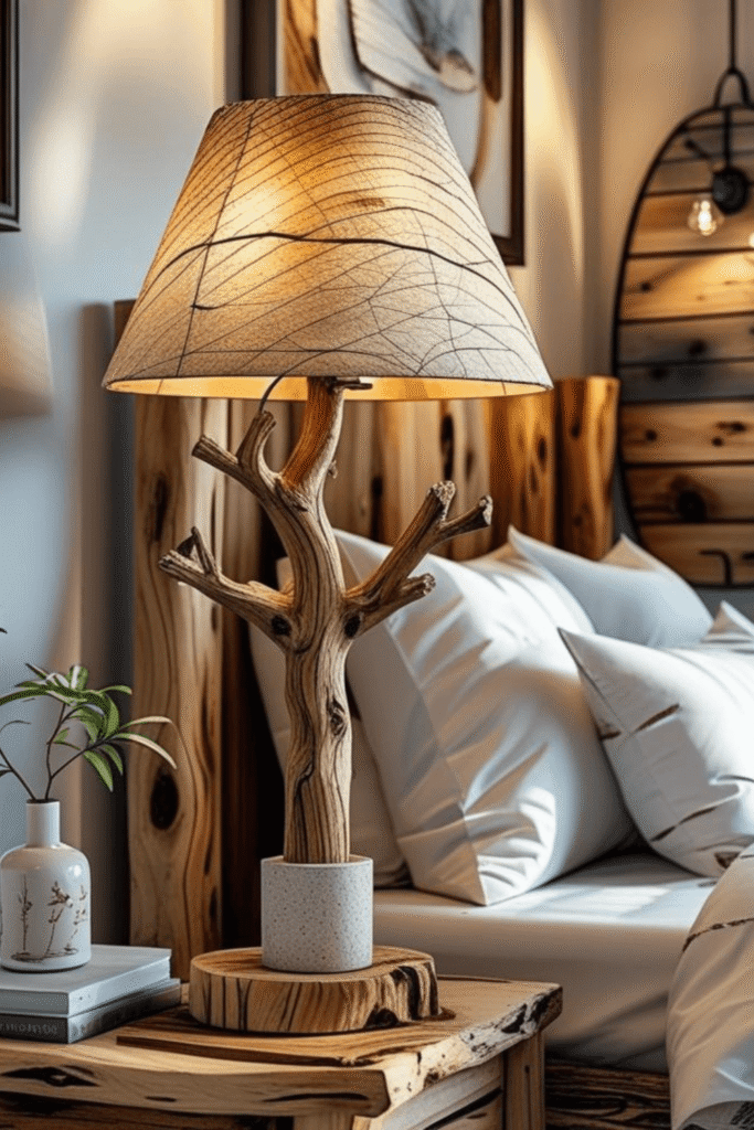 1. Rustic Wooden Tree Lamp for Cozy Bedroom Decor