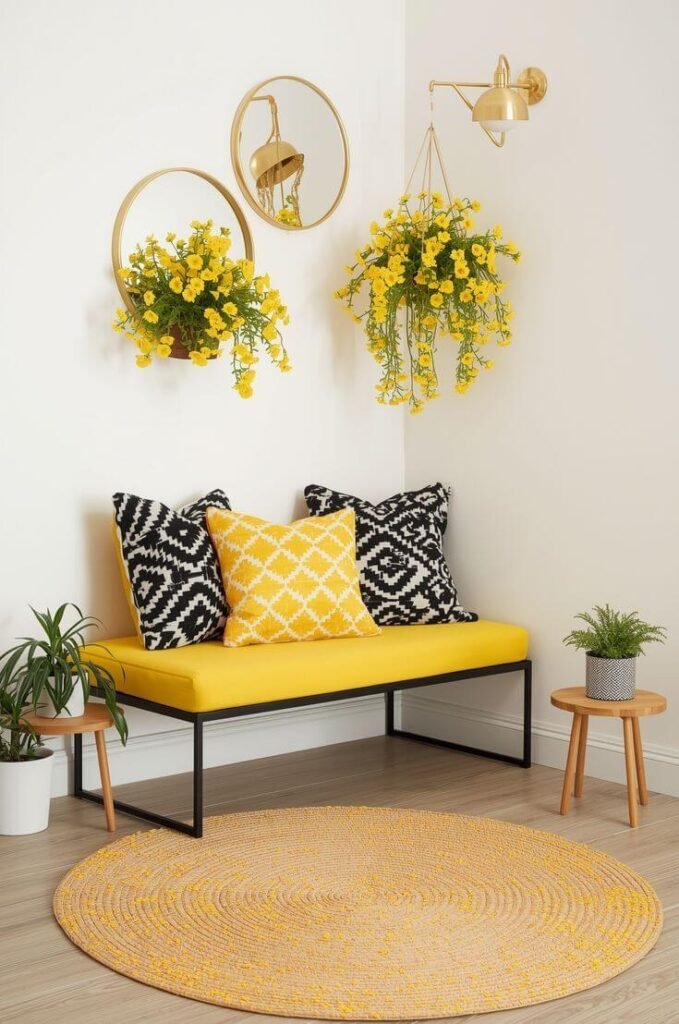 1. Small Corner Seating Ideas with Yellow Bench and Wall Planters