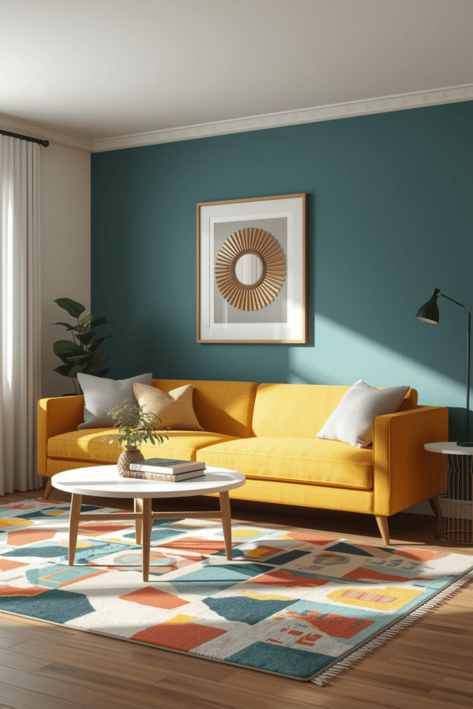 2. Colorful Living Room Decor Ideas with Geometric Rug Design