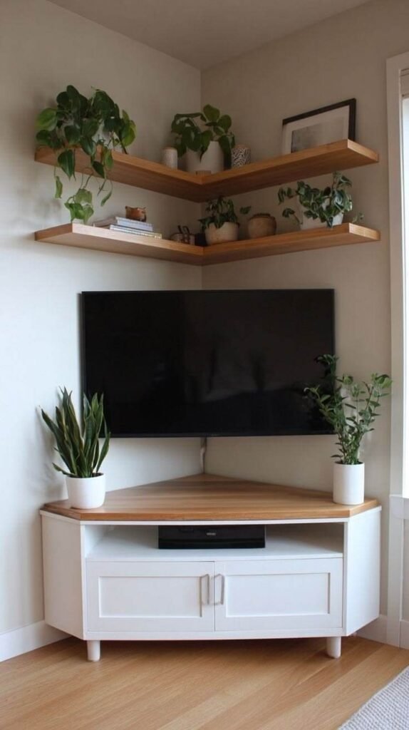2. Idea Modern Corner TV Stand with Wall Mounted Shelves