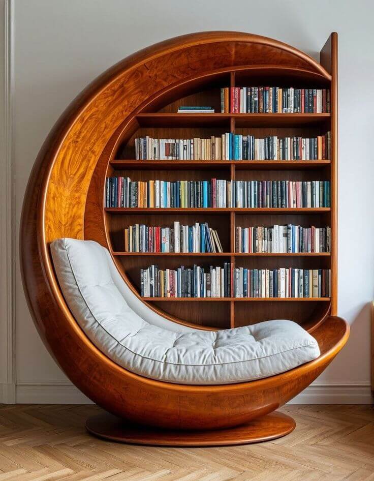2. Luxury Round Bookshelf with Built-in Lounge Chair for Modern Living Rooms