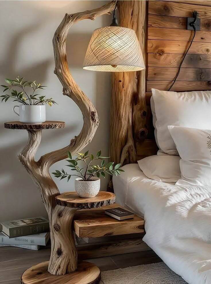 2. Natural Wood Bedside Table with Built-in Lamp Design