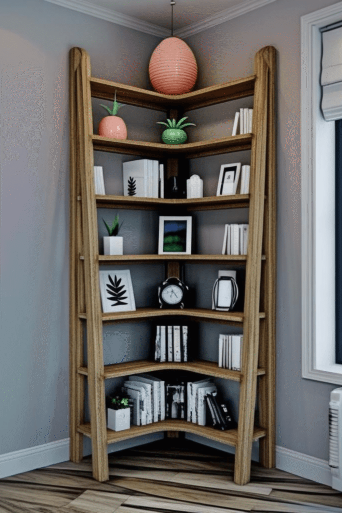 3. Idea Modern Wooden Ladder Shelf for Living Room Storage