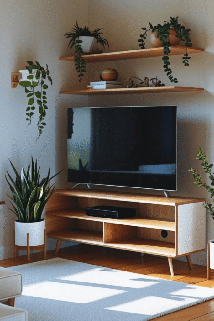 3. Idea Space Saving Corner TV Cabinet Design with Shelves