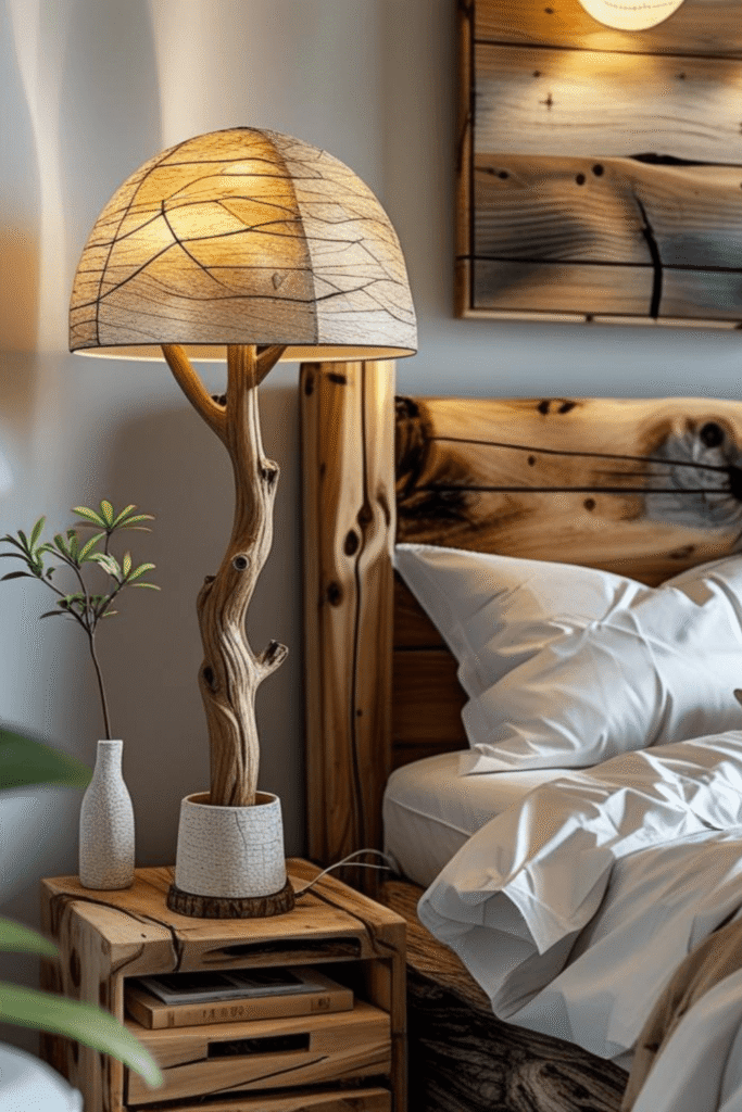 3. Modern Rustic Bedroom Lighting Ideas with Wooden Lamp