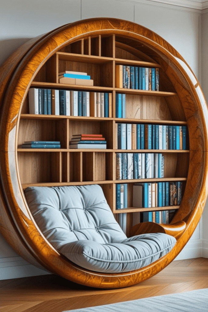 3. Space Saving Circular Bookshelf Chair Combo for Compact Homes
