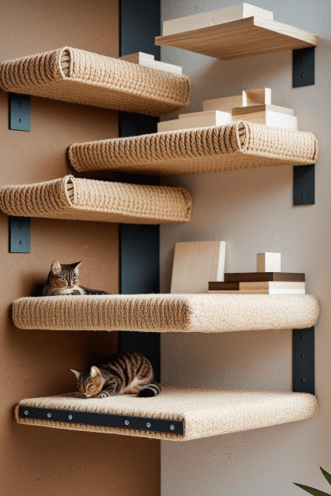 4. DIY Rope Wrapped Cat Shelves Wall Design