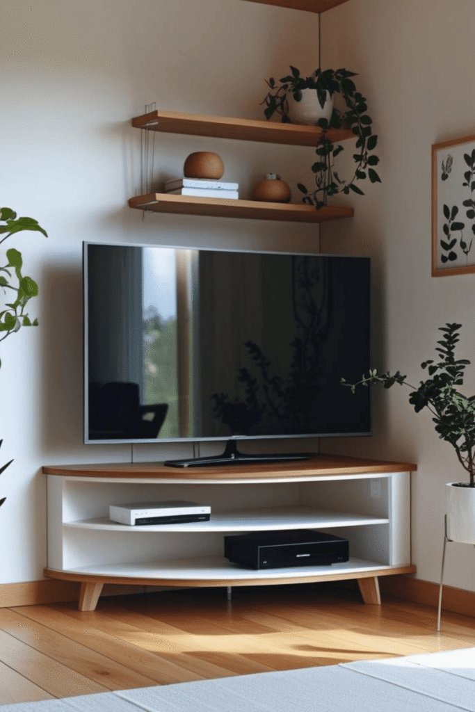 4. Idea Minimalist Corner TV Unit with Wooden Floating Shelves