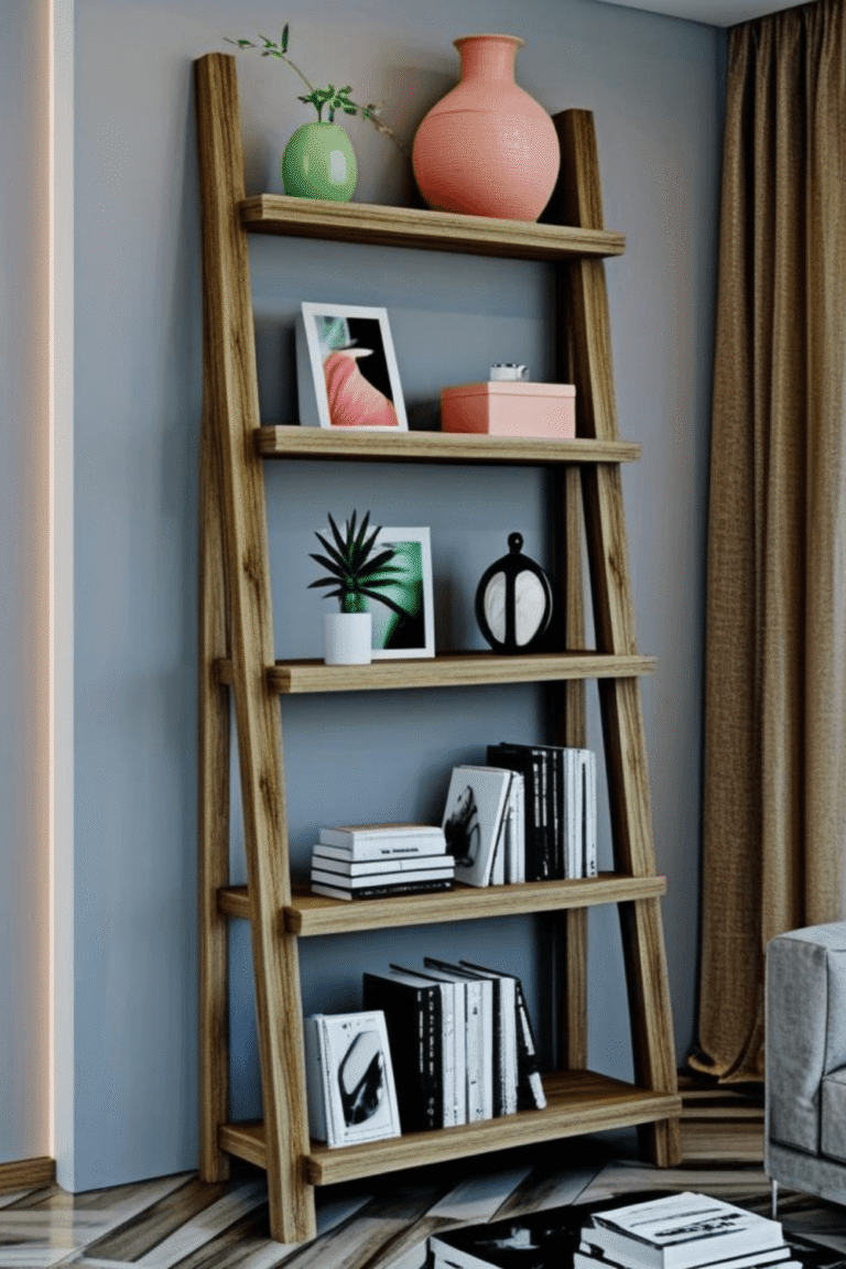 Corner Ladder Shelf Design for Space Saving Interior Ideas