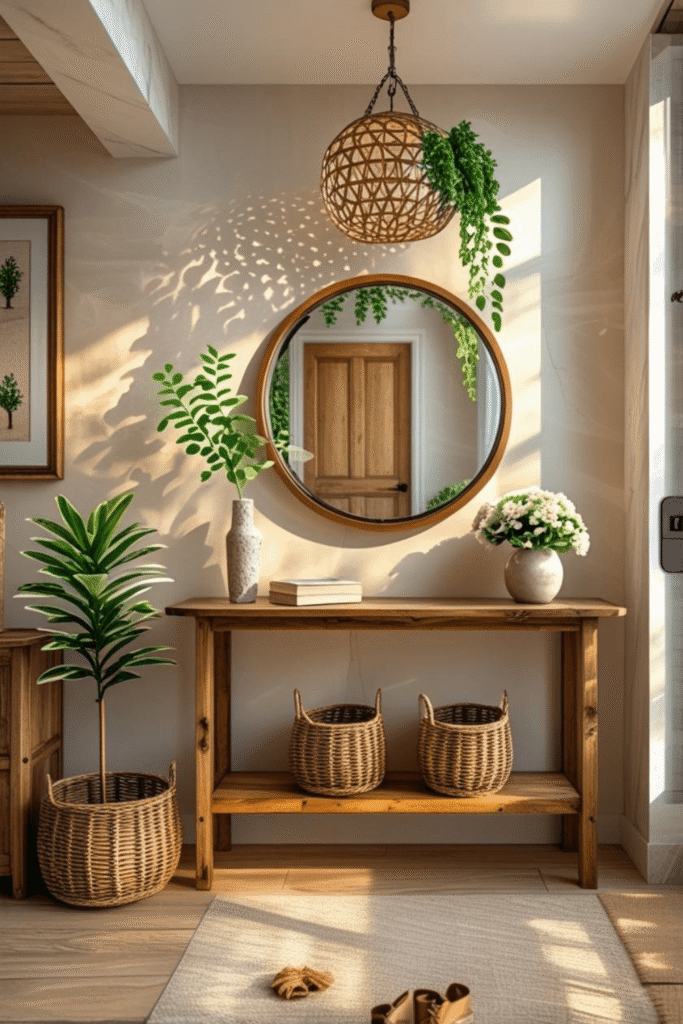 4. Rustic Entryway Design Ideas with Wooden Console Table