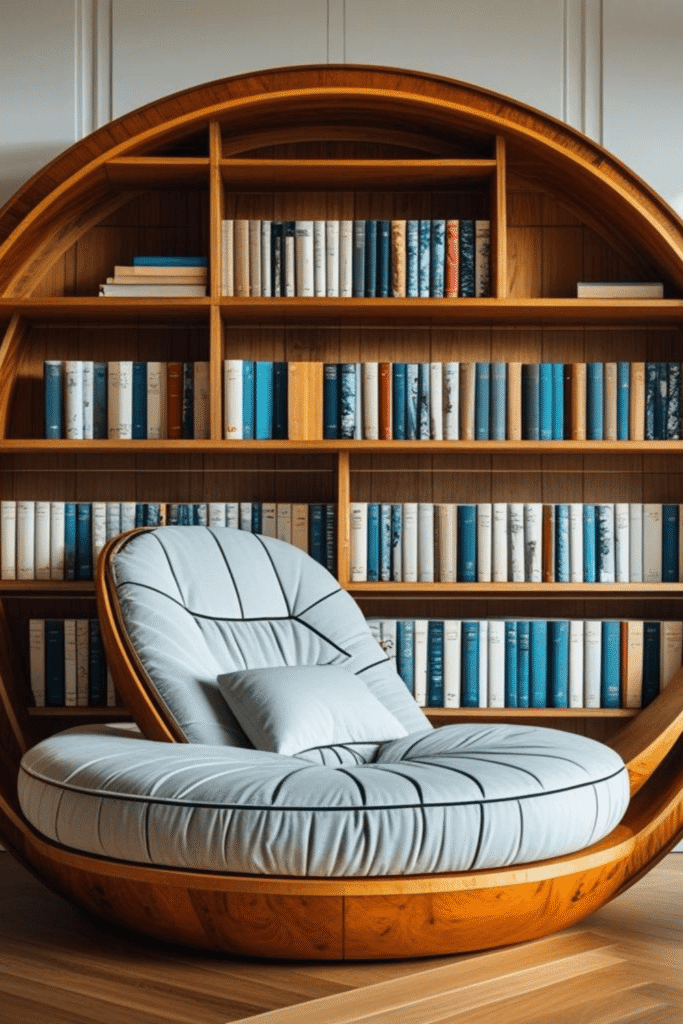 4. Scandinavian Style Round Wooden Bookshelf with Cozy Reading Seat