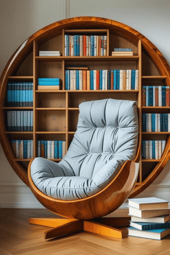1. Modern Circular Wooden Bookshelf Reading Nook Design Ideas for Small Spaces