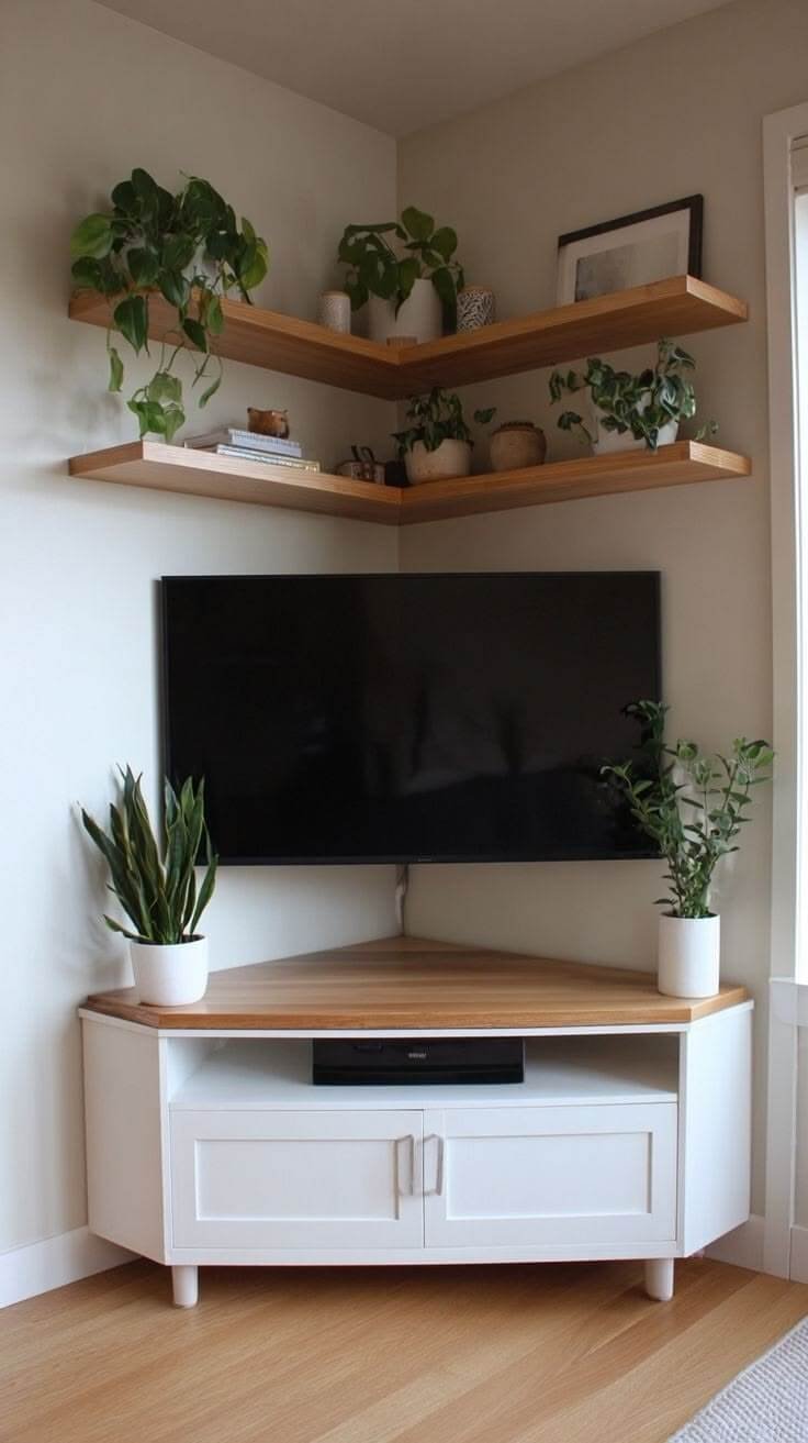 Corner TV Unit With Floating Shelves For Small Living Room