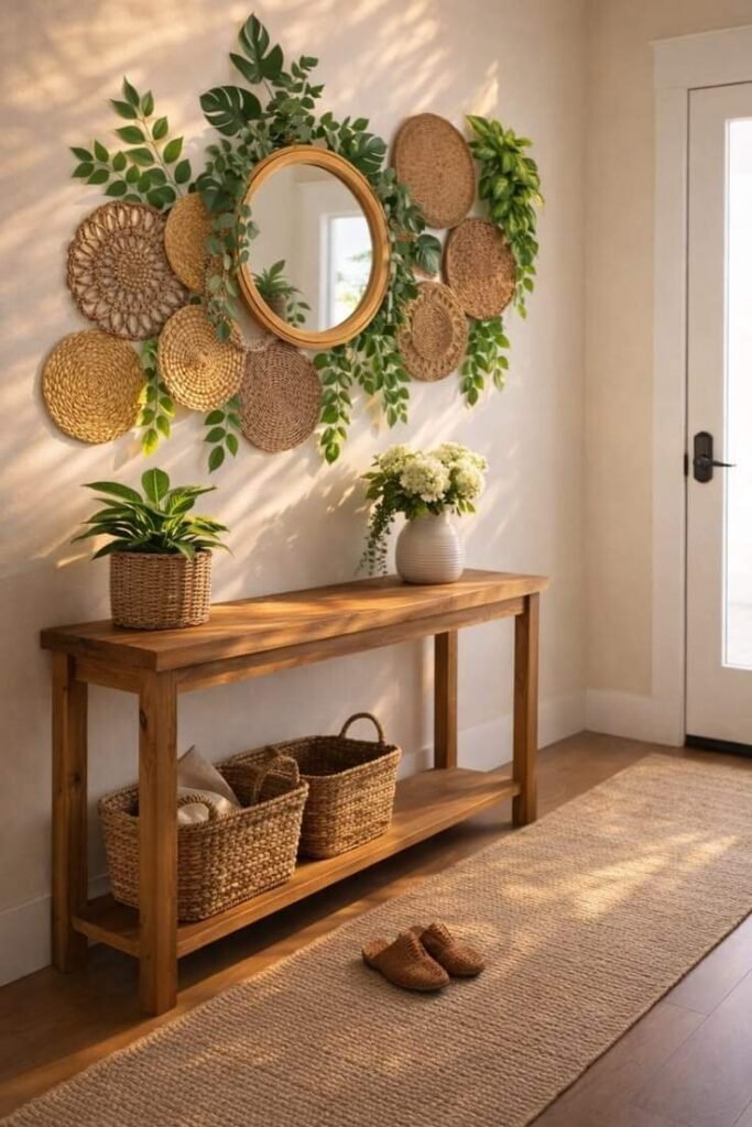 1. Boho Entryway Wall Decor Ideas with Mirror and Woven Baskets