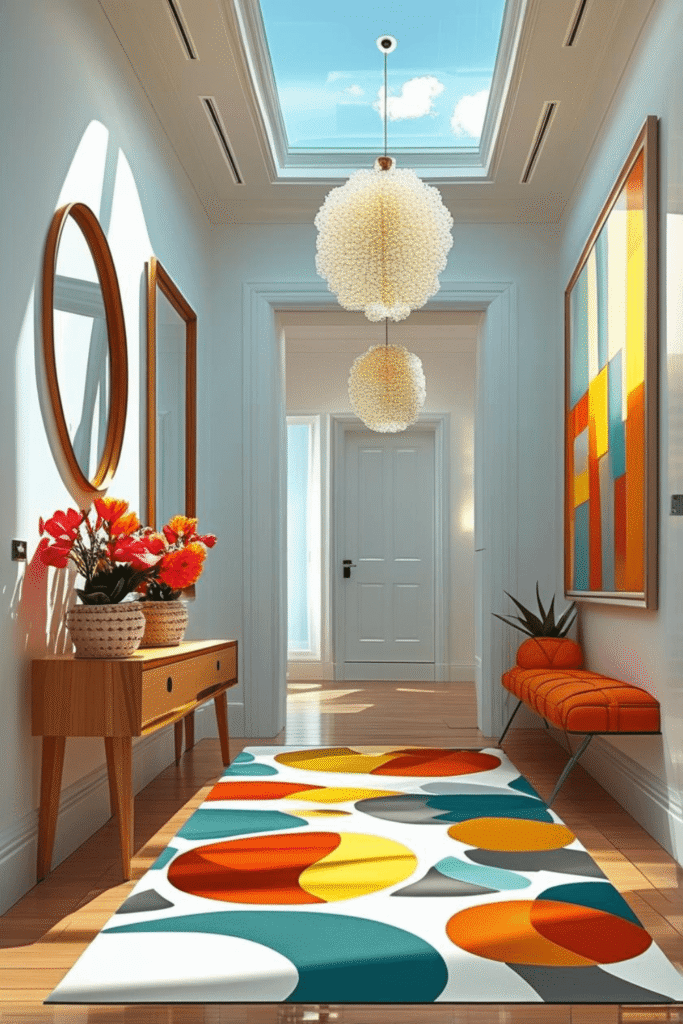 modern hallway with wooden console and mirror decor