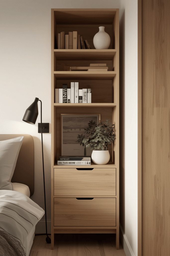 narrow bedside table with shelves for small spaces