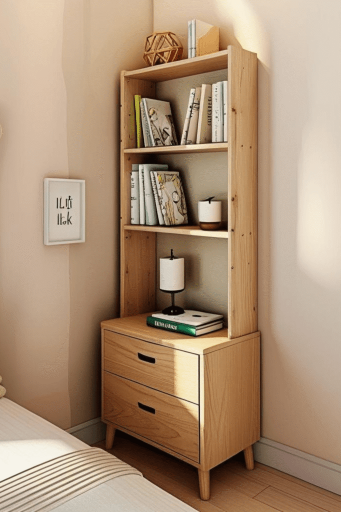small bedroom corner storage ideas with wooden shelf