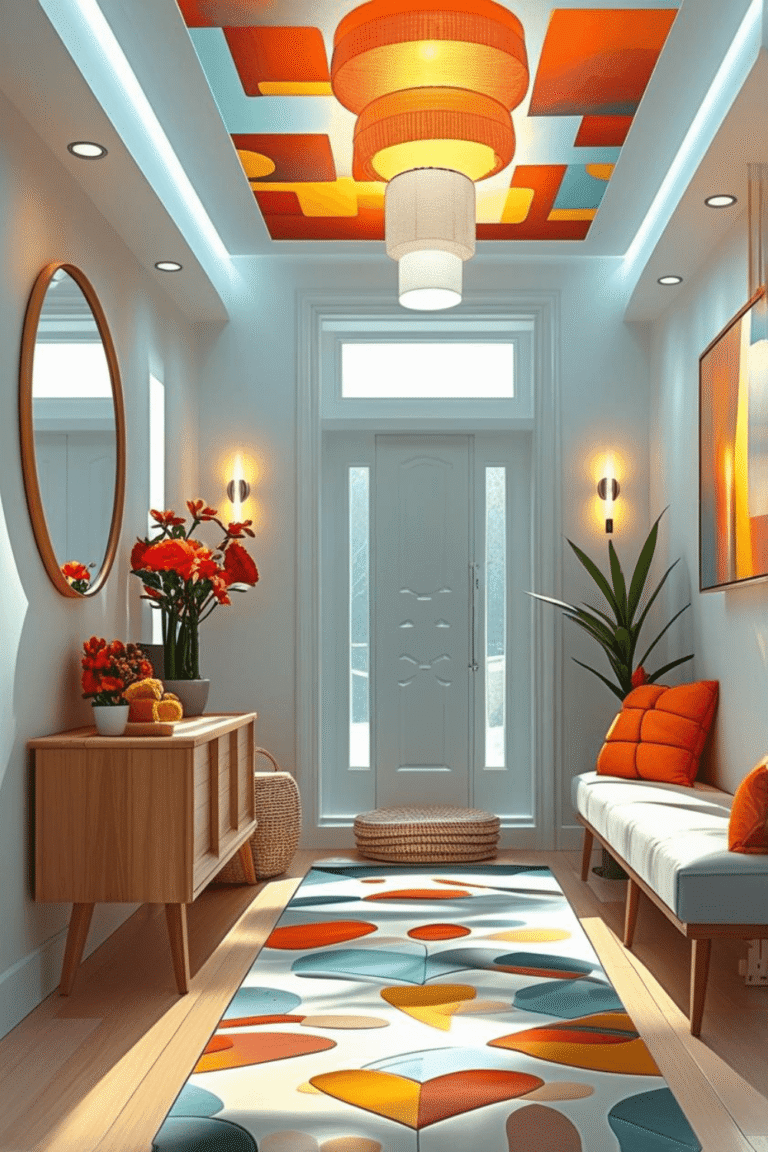 small entryway design with colorful runner rug