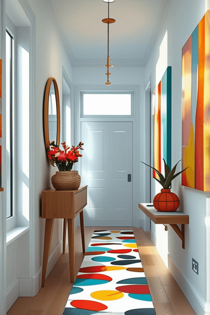 small hallway styling with floating shelves and decor