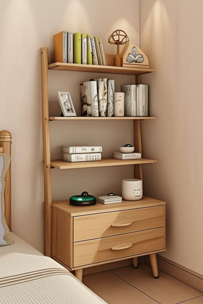 space saving bedside table with drawers and shelves