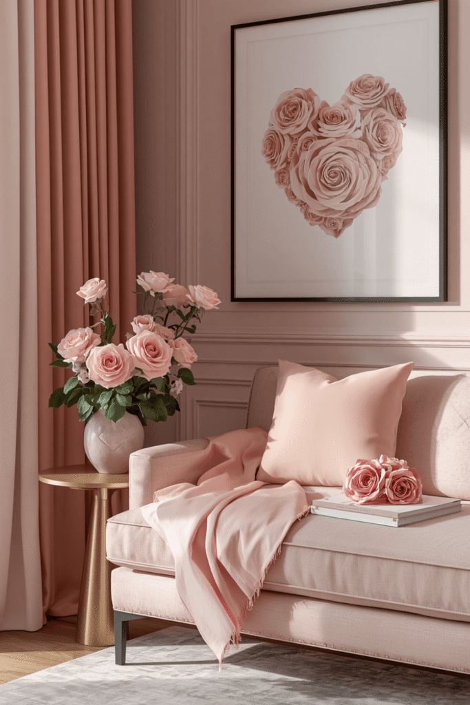 A blush velvet accent chair in a reading corner
