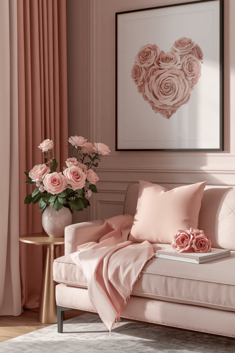 A blush velvet accent chair in a reading corner