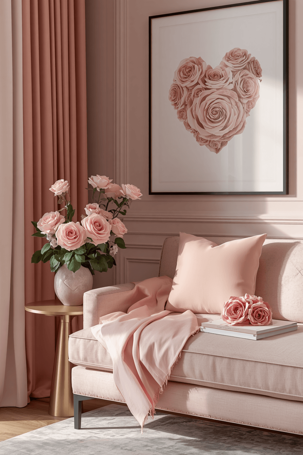 A blush velvet accent chair in a reading corner