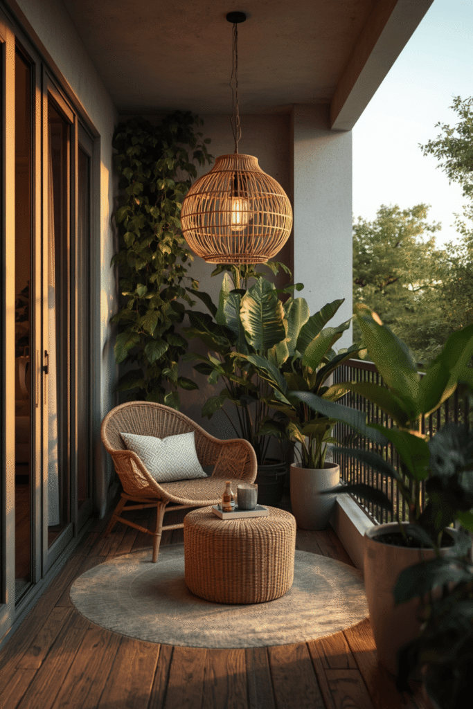 A boho balcony with macramé, rattan, and layered textiles