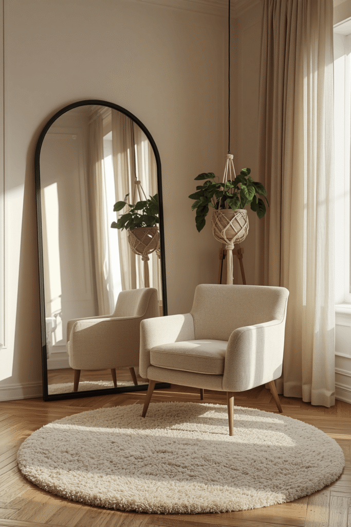 A chunky knit or faux fur throw draped over the arm of the chair