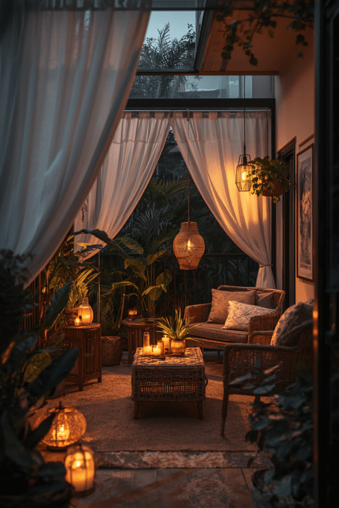 A cottagecore balcony with vintage pots, climbing plants, 
