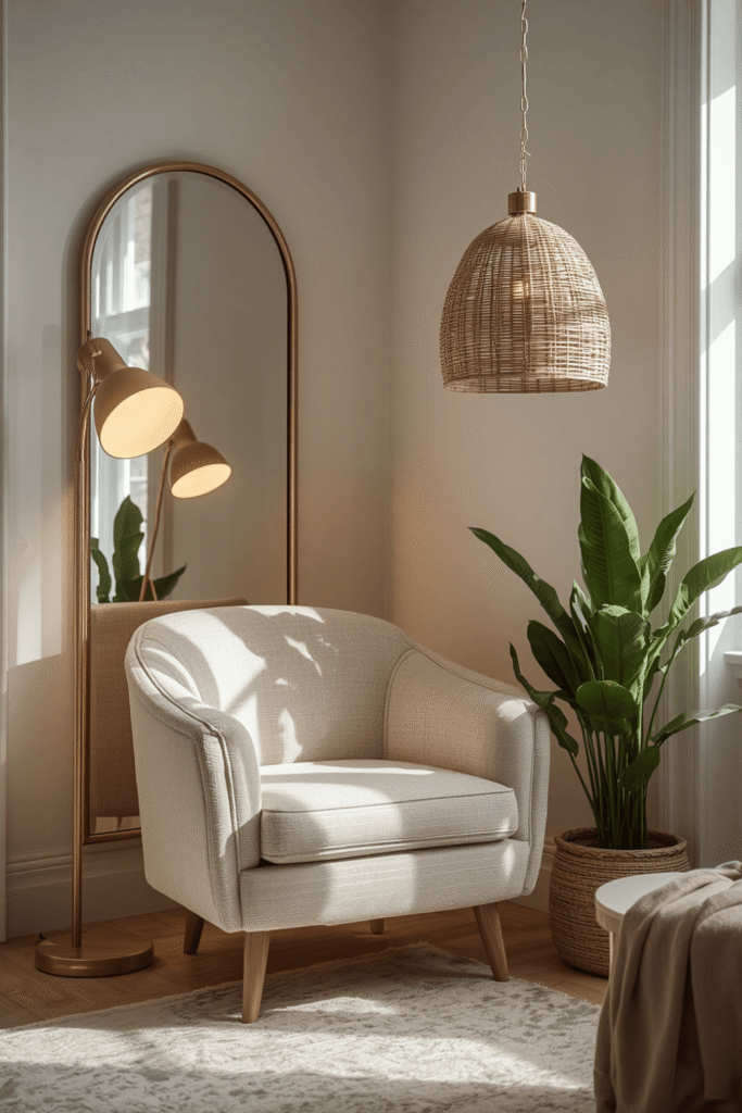 A curved bouclé accent chair in cream or ivory