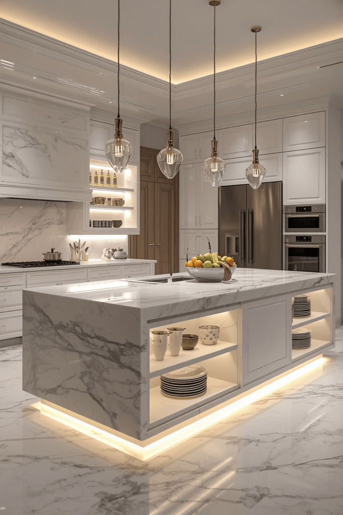 A double waterfall island as the kitchen's centrepiece
