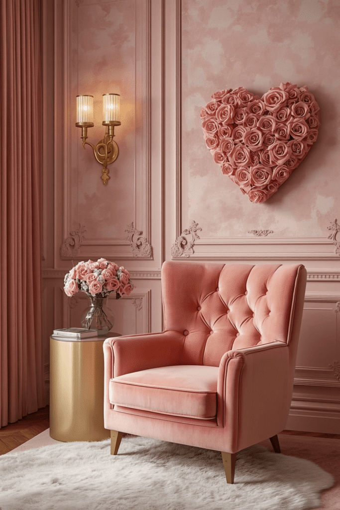 A dusty rose bouclé sofa as the room's centerpiece