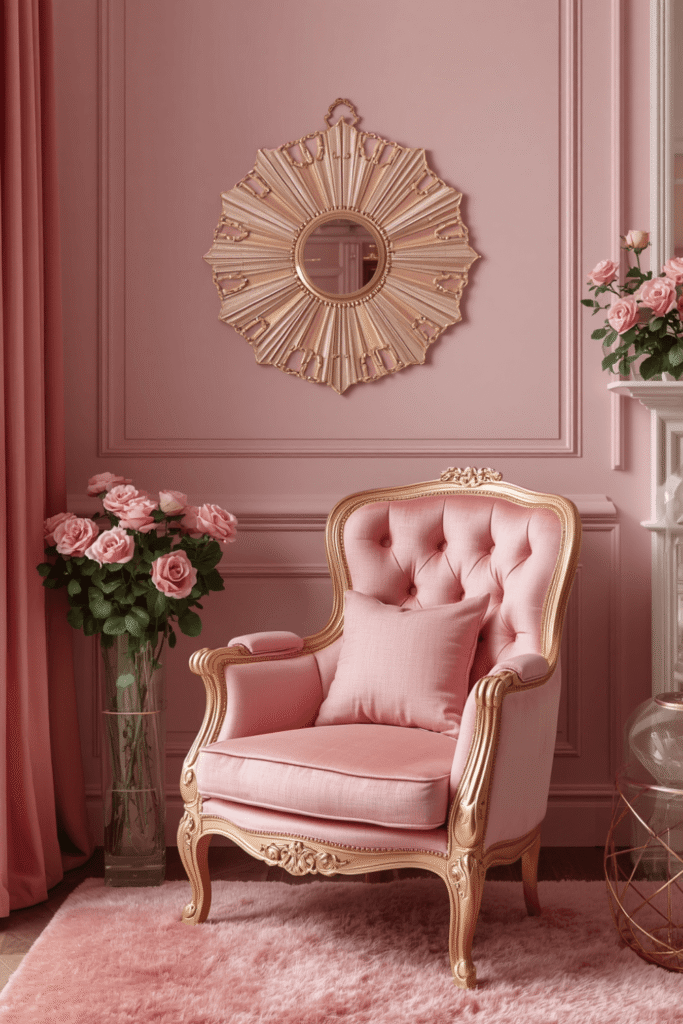A floating shelf in a corner styled with pink ceramics, a small plant, and a candle