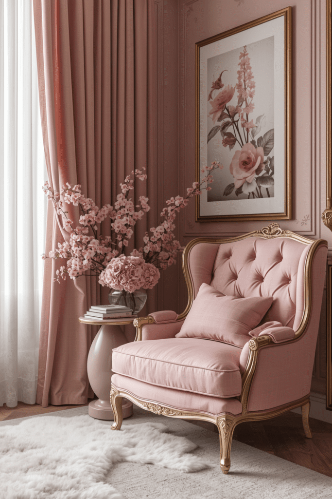 A floor lamp with a pink or rose-tinted shade over a reading chair