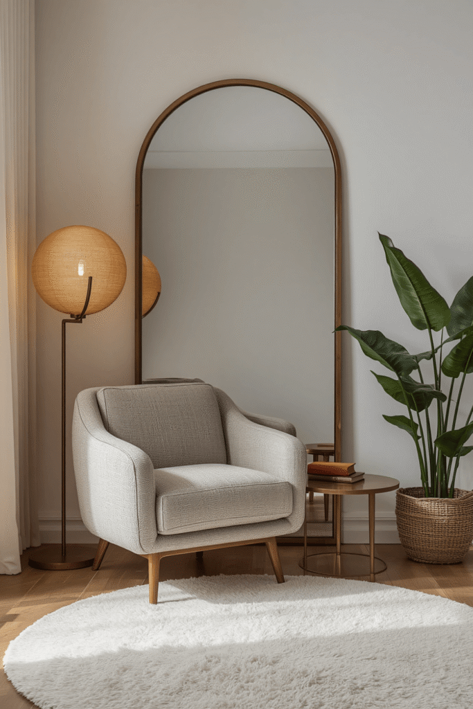 A floor lamp with a warm linen or fabric shade positioned at shoulder height