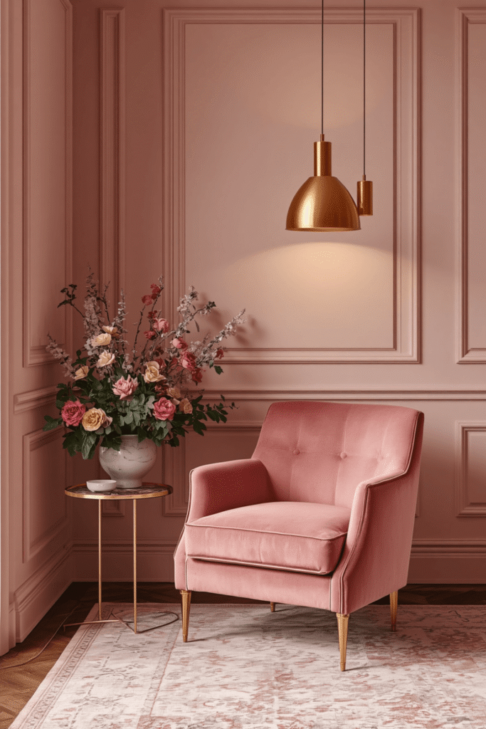 A gallery wall of pink-toned art, photographs, and botanical prints