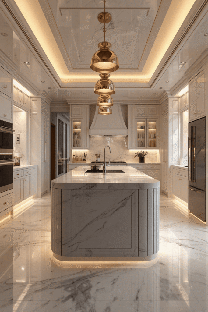 A kitchen island with integrated appliances and flush storage