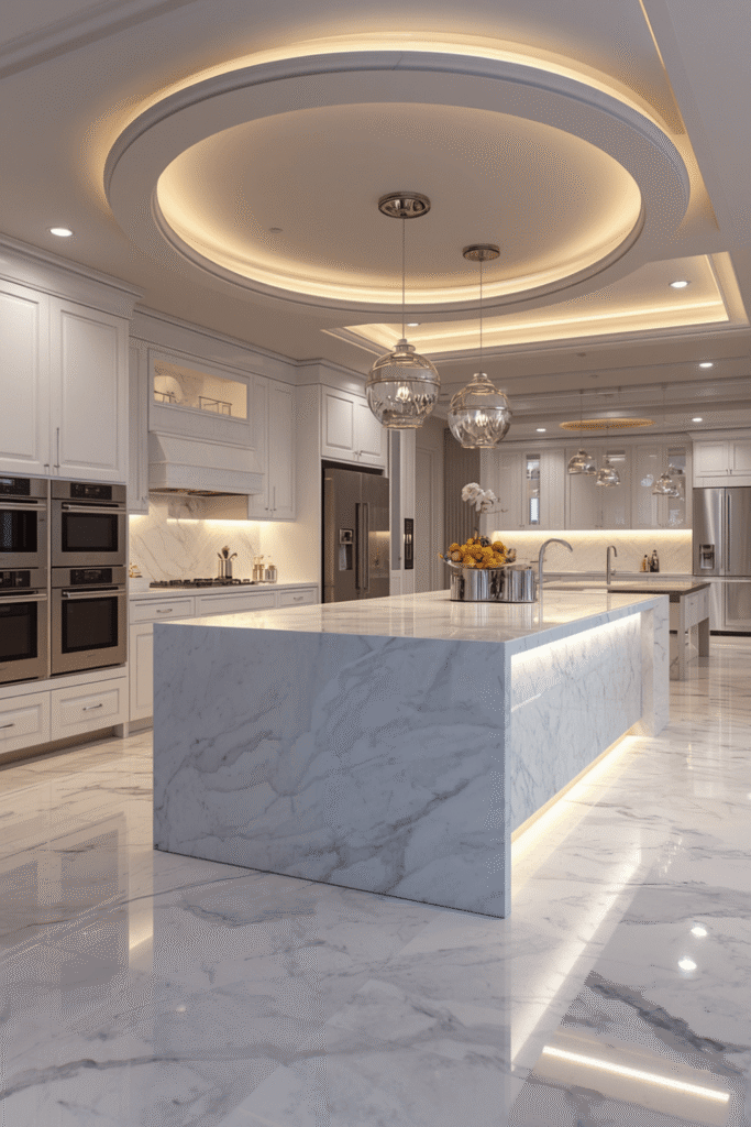 A large marble-topped island with a contrasting base color