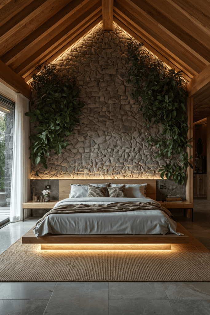 A live-edge wood headboard