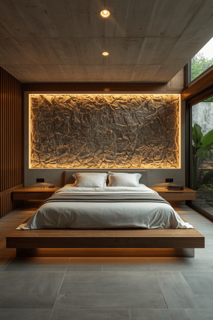 A low, solid wood platform bed with no visible hardware