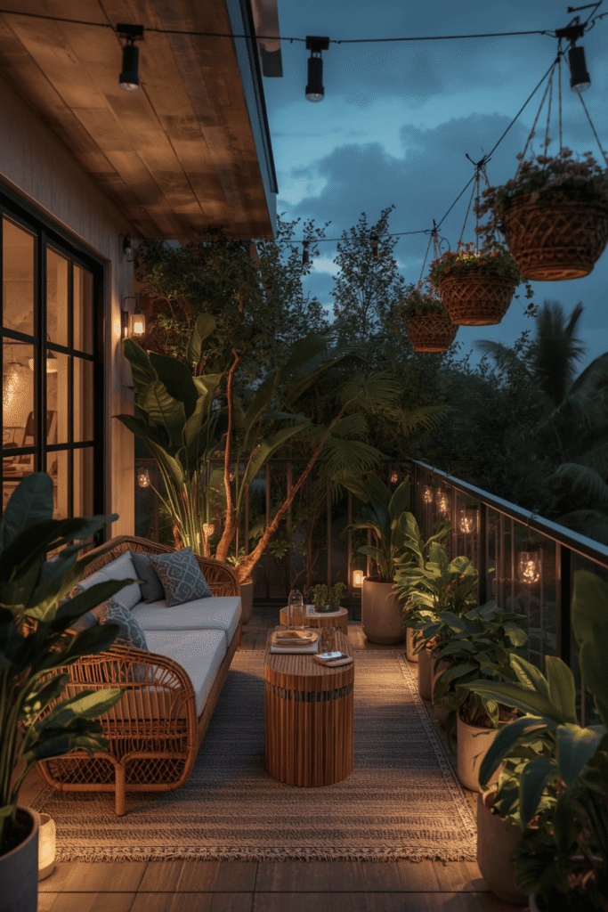 A minimalist urban balcony oasis with clean lines and one strong color