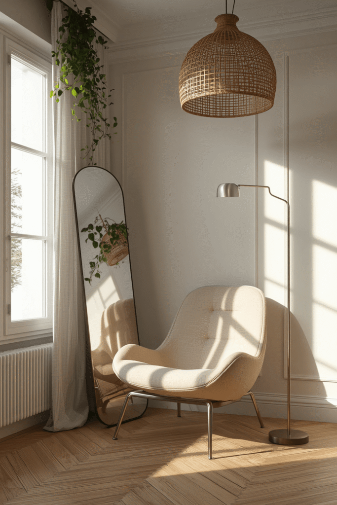 A mirror placed to reflect a window across the room