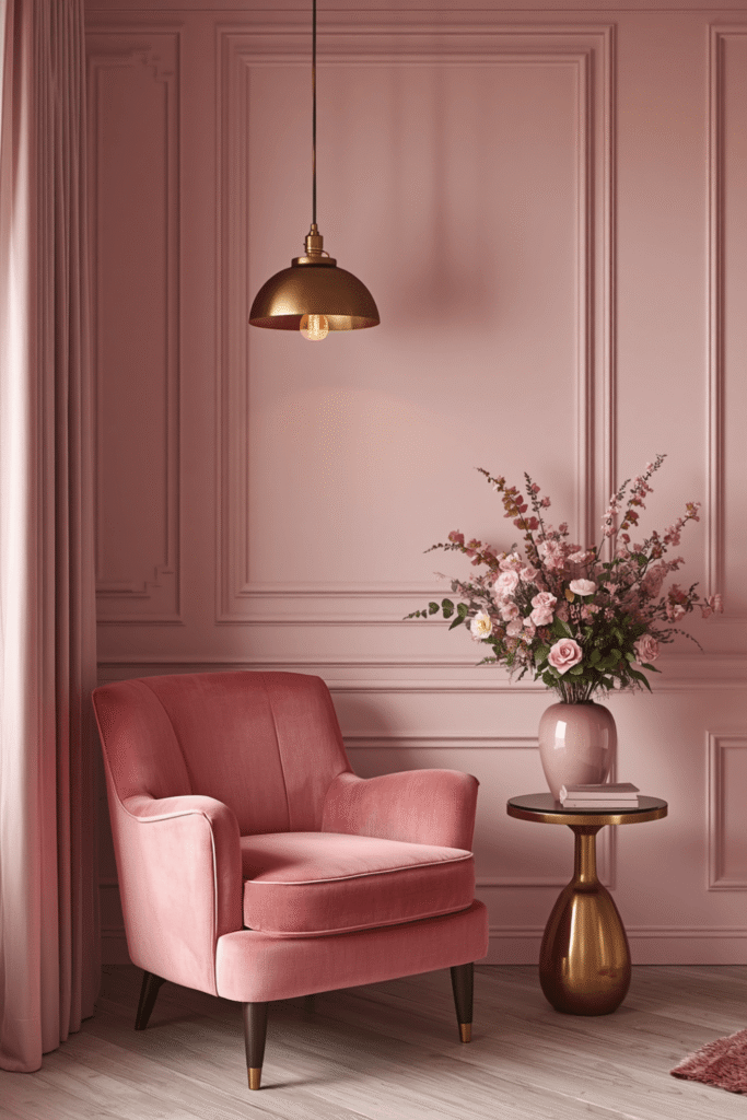 A pink accent chair in an unexpected shade, terracotta-pink or antique rose